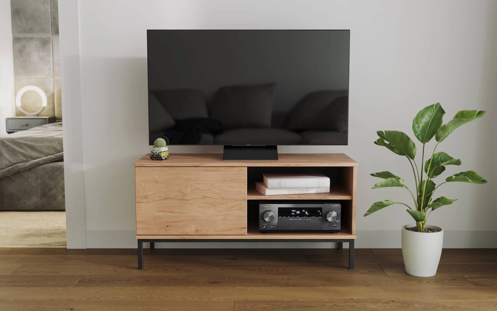 „Tutti“ televizoriaus spintelė, 100 cm, hikorijos ąžuolo spalvos, paprastos formos spintelė, sumontuota ant juodo metalinio pagrindo, elegantiško stiliaus
