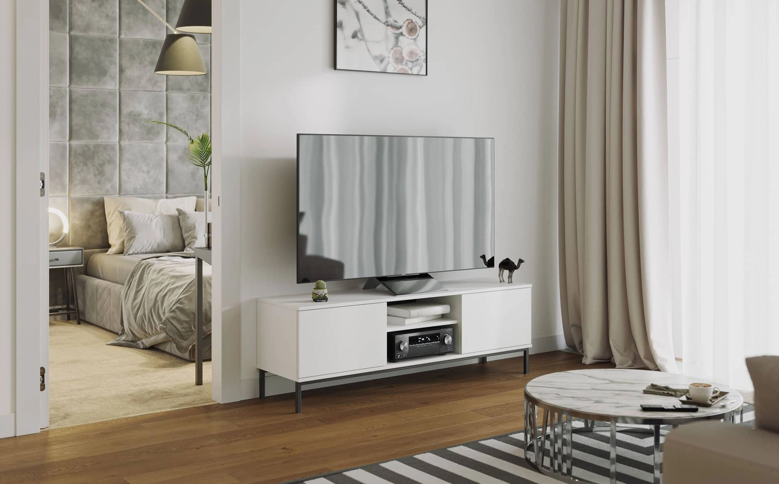 „Tutti“ televizoriaus spintelė, 150 cm, balta, elegantiško dizaino, tvirto metalo pagrindo durys atsidaro spustelint, kad atidarytų