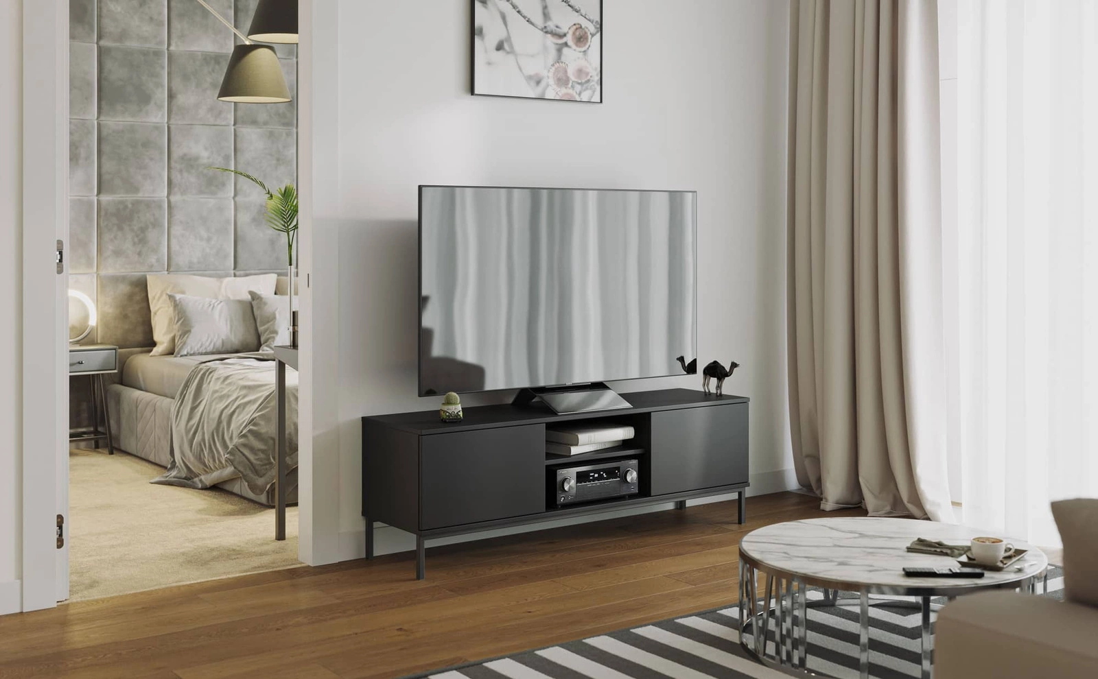 Tutti TV spintelė, 150 cm, juoda, elegantiško dizaino, tvirtos metalinės durys, atidaromos stumiant