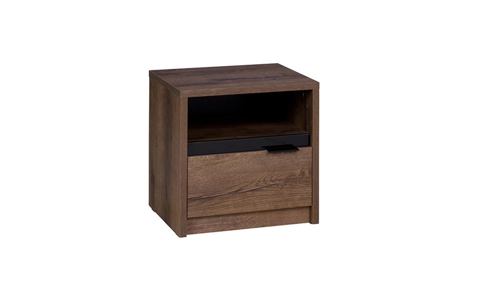 Denverio vienuolyno ąžuolo naktinis staliukas / juodas blizgus - stilingas naktinis staliukas su stalčiumi miegamajam arba jaunimo kambariui klasikiniu stiliumi