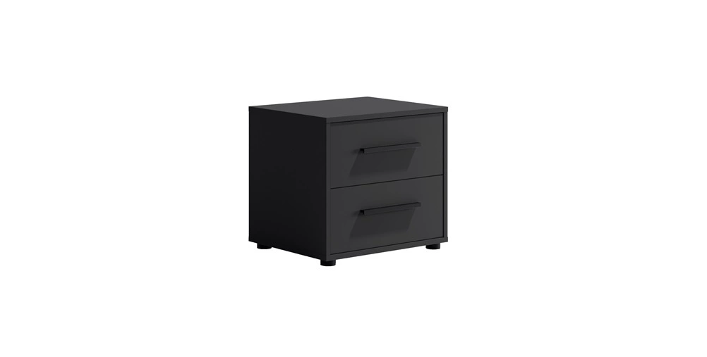 „Maxione“ juodas naktinis staliukas, elegantiškas naktinis staliukas su stalčiais, funkcionalus baldas su nesenstančiu dizainu