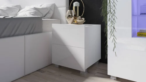 „Apulia“ naktinis staliukas su stalčiais, baltas blizgus, galima pakabinti, minimalistinis dizainas, paprasta forma, tobulas staliukas miegamajam
