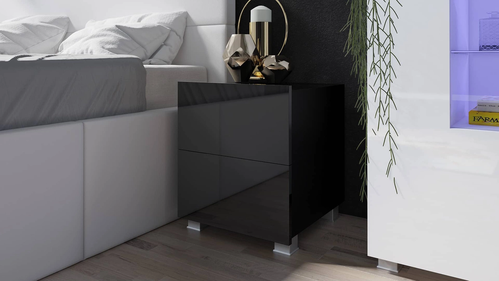 Juodas blizgus „Apulia“ naktinis staliukas su stalčiais, galima pakabinti, minimalistinis dizainas, paprasta forma, tobulas staliukas miegamajam