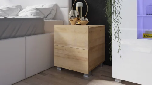 Apulijos auksinio ąžuolo naktinis staliukas su stalčiais, su pakabinimo galimybe, minimalistinis dizainas, paprasta forma, tobulas staliukas miegamajam