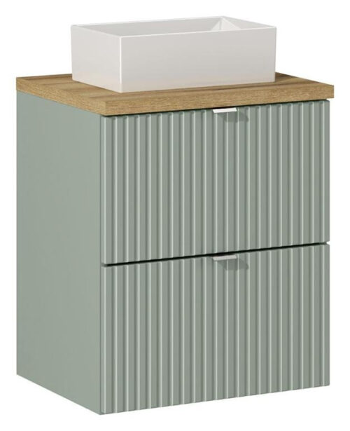 Spintelė su ąžuoliniu stalviršiu ir „Gaja“ 50 cm „Line Reed Green“ praustuvas su stalčiais