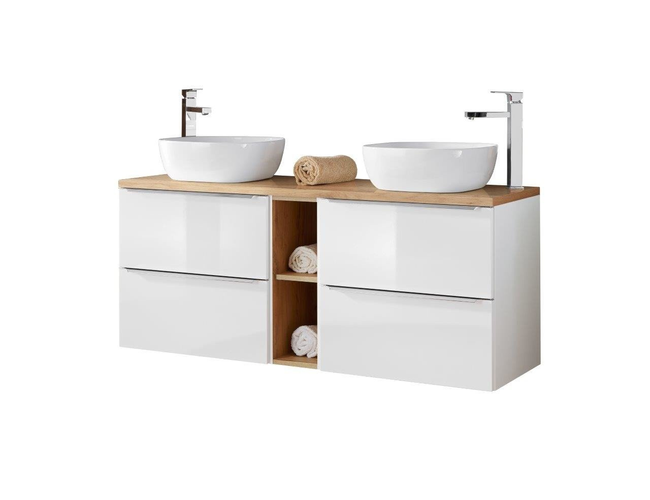 60 cm spintelės su kriauklėmis, stalviršiu ir žema spintele „Capri white 820“ su ąžuoliniu stalviršiu