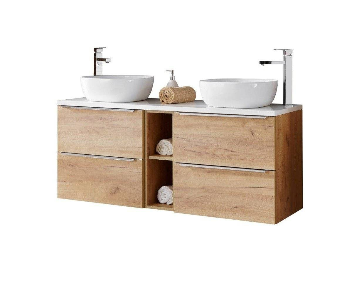 60 cm spintelės su kriauklėmis, stalviršiu ir žema spintele „Capri ąžuolas 820“ su baltu stalviršiu