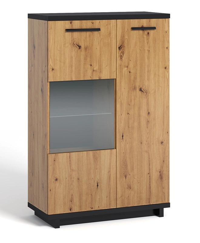 Simi GB vitrina, 90 cm, meniško ąžuolo / juodos spalvos, minimalistinio dizaino, klasikinės formos, ideali komoda svetainei ar poilsio kambariui