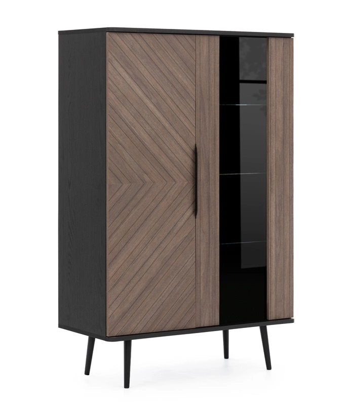 „Tullio“ vitrina, 90 cm, juodo grafito / kapitono denio spalvos, stilinga vitrina su metaliniu pagrindu, skandinaviško stiliaus, madingų spalvų