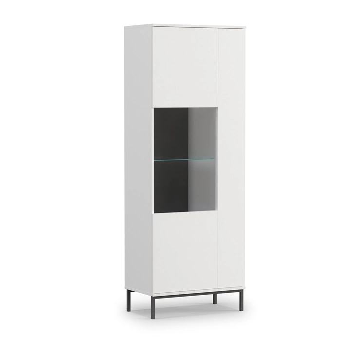 „Tutti“ vitrina, 70 cm, balta, stilingo dizaino, saugaus grūdinto stiklo vitrina, aukšta metaline kojele, atidaroma stumiant