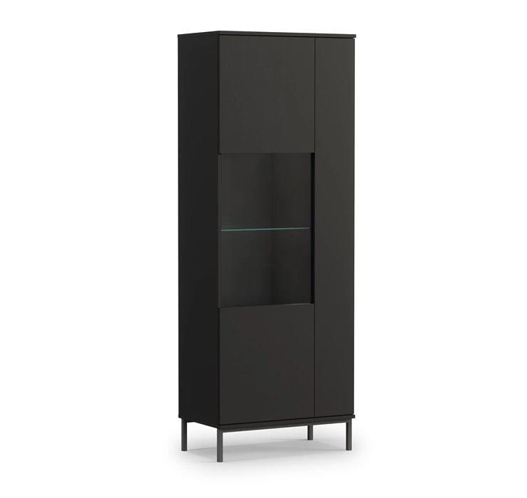 „Tutti“ vitrina, 70 cm, juoda, stilingo dizaino, saugaus grūdinto stiklo vitrina, aukšta metaline kojele, atidaroma stumiant