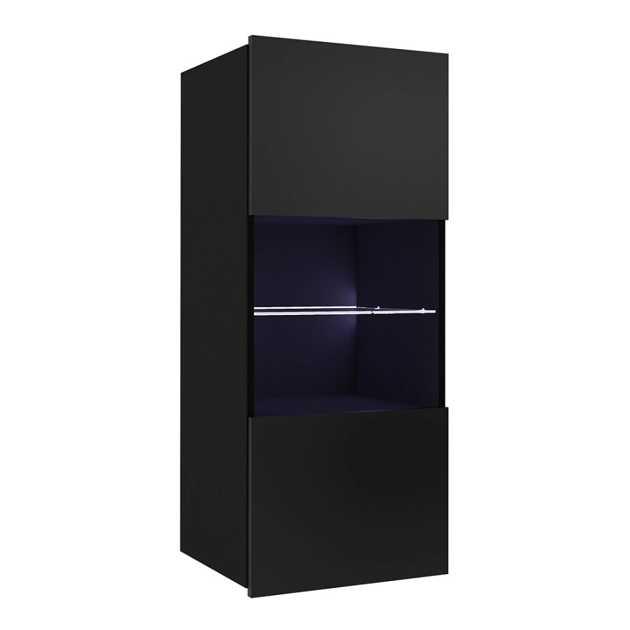 Pakabinama vitrina „Apulia“ 45 cm, juodai blizgi, minimalistinio dizaino, stilinga vitrina svetainei, paprastos formos, tinkanti bet kokiam interjerui