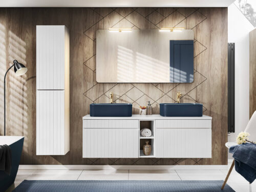 ICONIC WHITE 2×60 komplektas su tamsiai mėlynais KAMA praustuvais, Juliet veidrodžiu ir LED apšvietimu