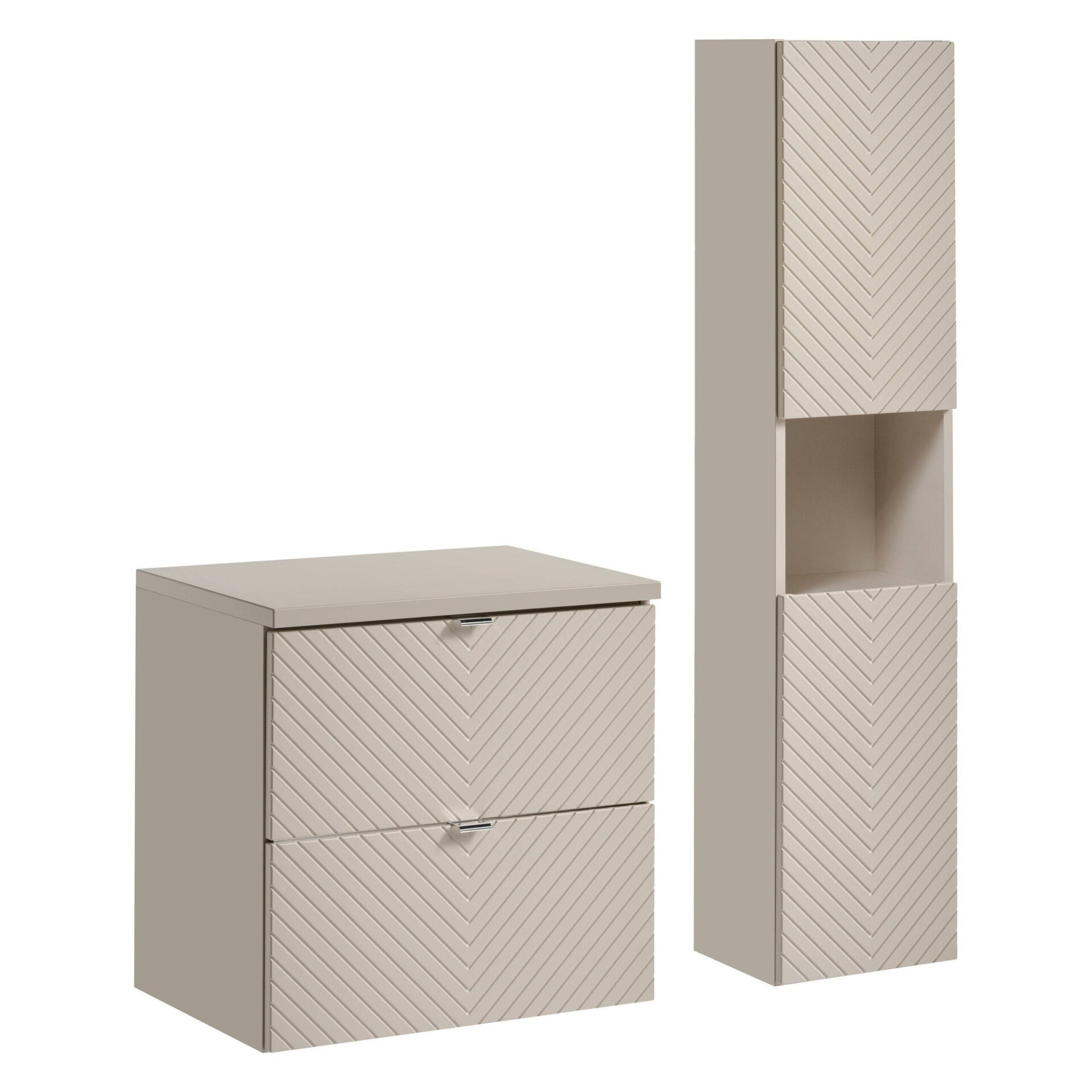 2 stalčių spintelių komplektas, 60 cm, su stalviršiu ir aukšta kolona, ​​Viva Cashmere