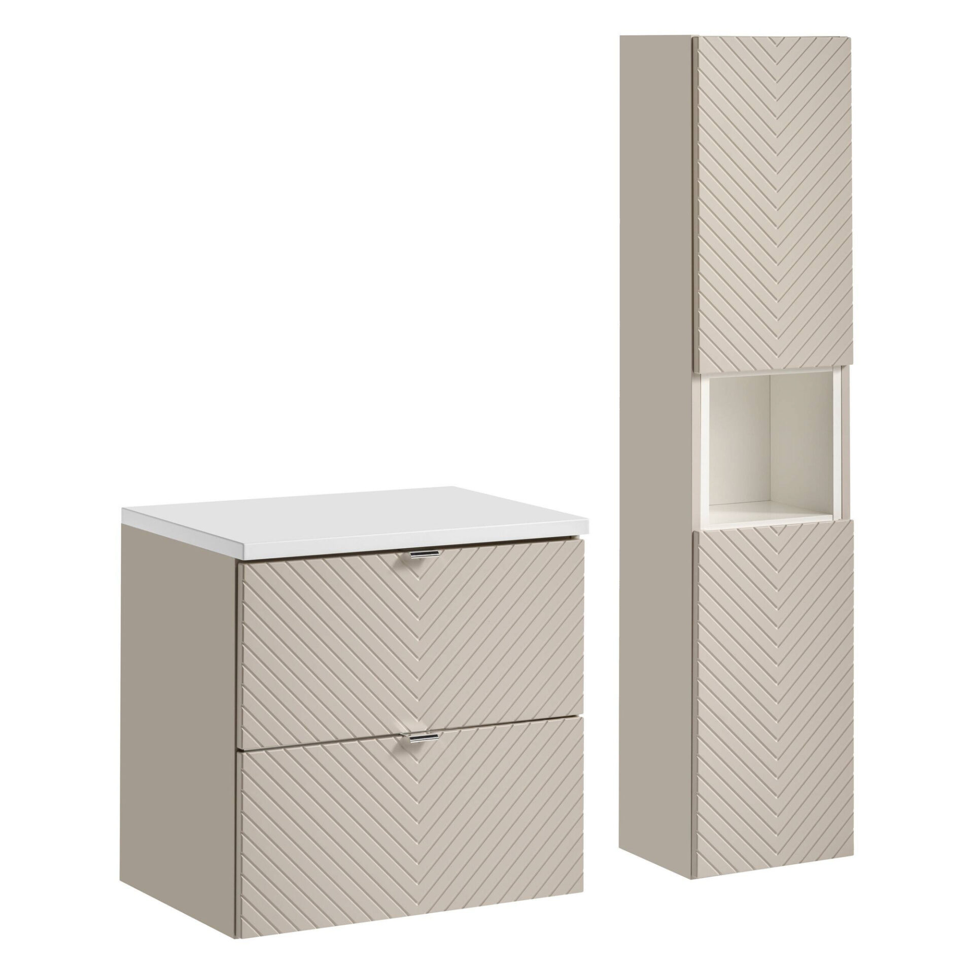 2 stalčių spintelių komplektas, 60 cm, su stalviršiu ir aukšta kolona, ​​„Viva Cashmere White“