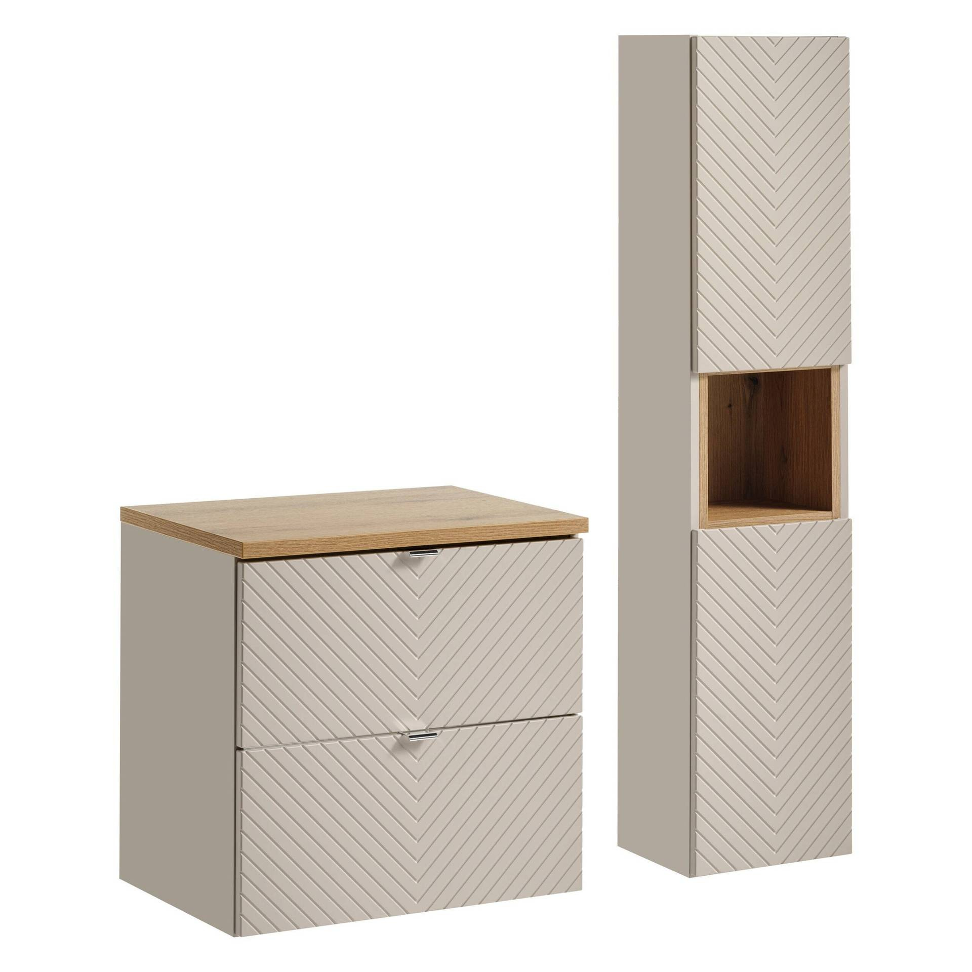 2 stalčių spintelių komplektas, 60 cm, su stalviršiu ir aukšta kolona, ​​„Viva Cashmere Oak Coast Evoke“