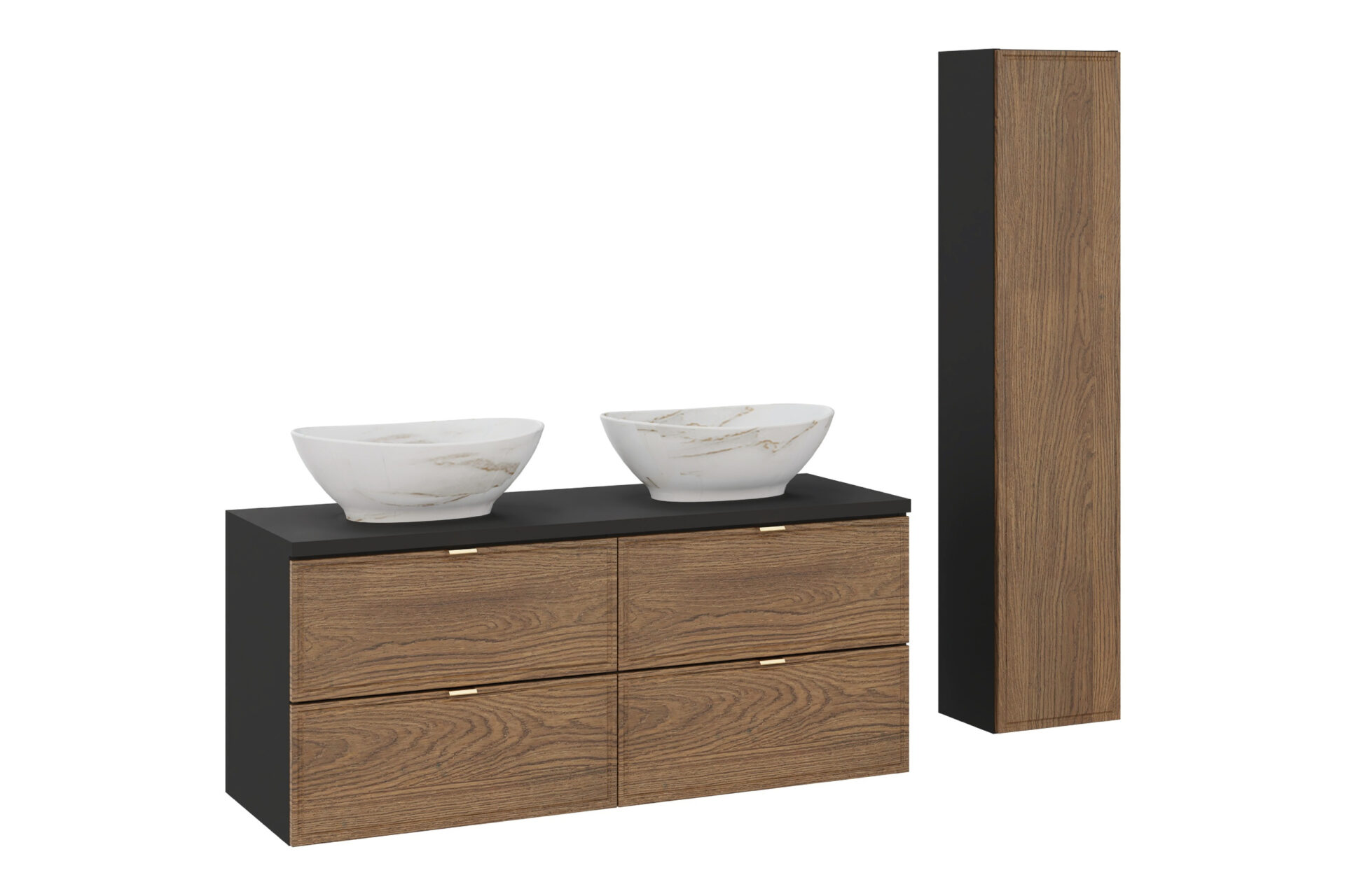 120 cm praustuvo spintelės su stalviršiu ir 2 stalviršio praustuvais bei matinės juodos spalvos aukšto liemens „Casella“ kolonėlės komplektas