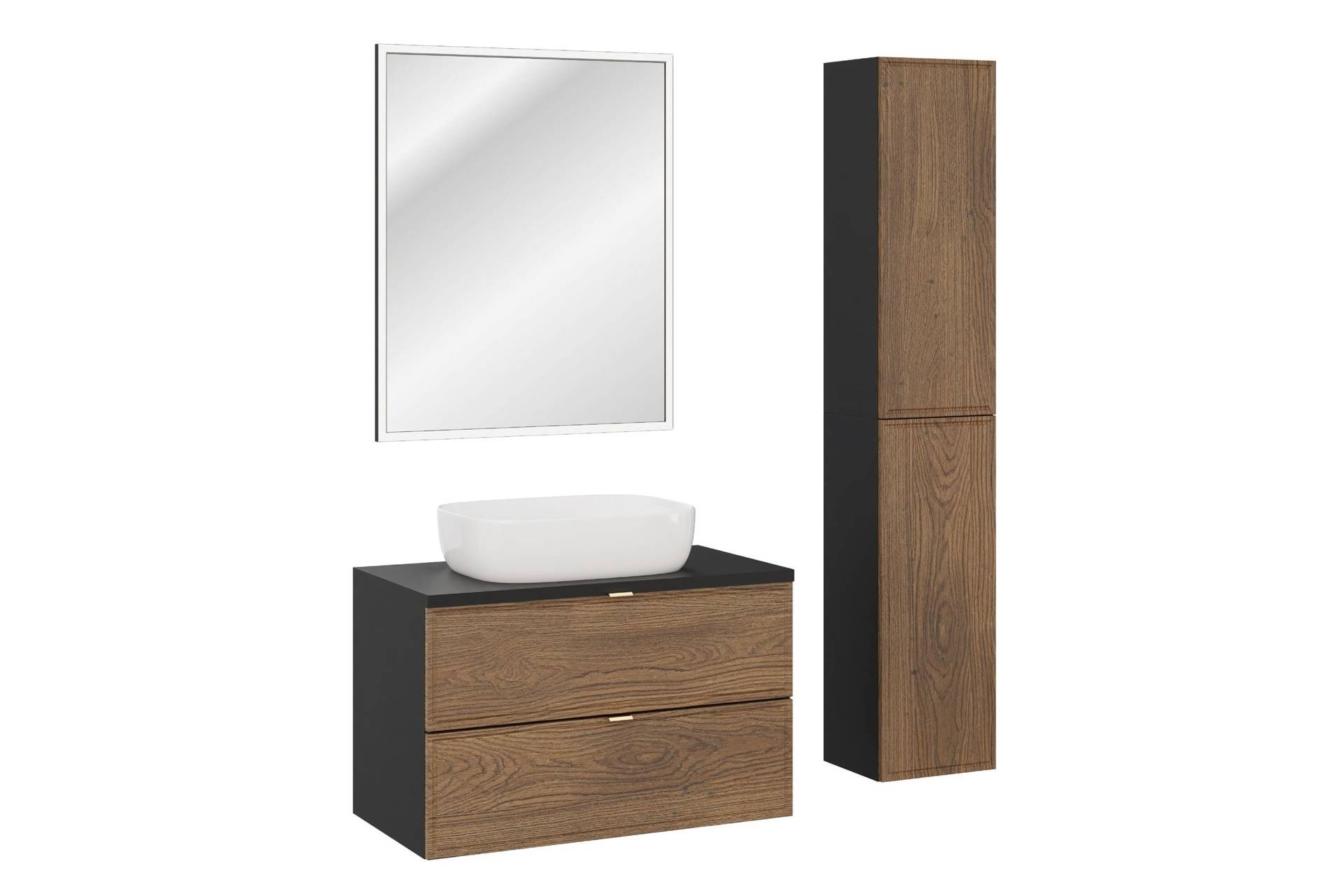 Praustuvo spintelės su 80 cm stalviršiu ir stalviršio praustuvu komplektas, LED veidrodis ir 2 matinės juodos spalvos „Talia Casella“ puskolonės