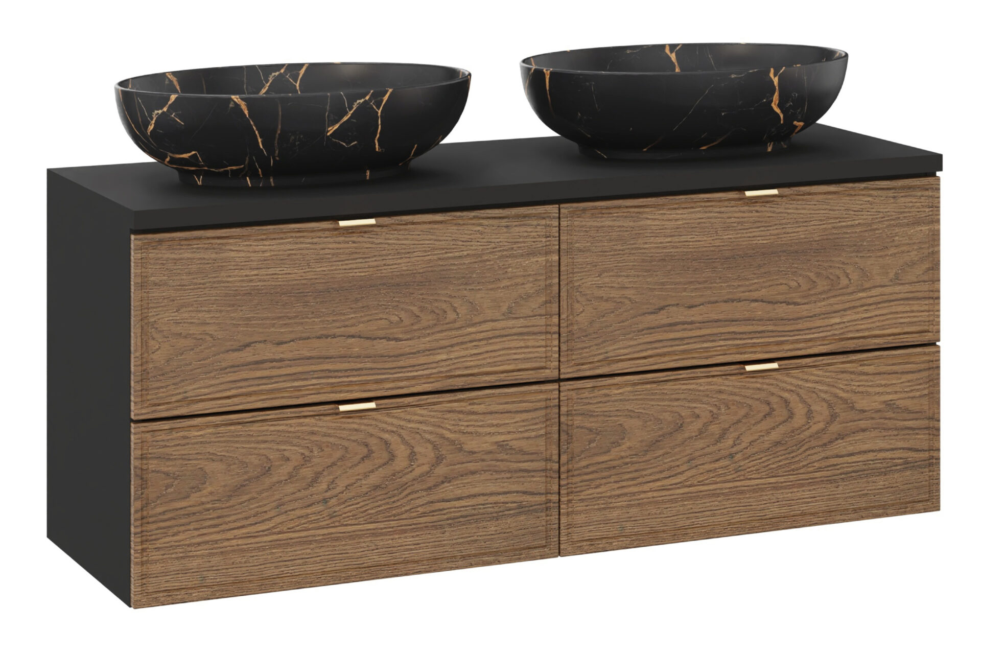 Spintelės su stalviršiu ir 2 ant stalviršio pakabinamų praustuvų komplektas, 120 cm, Talia Casella, matinės juodos spalvos