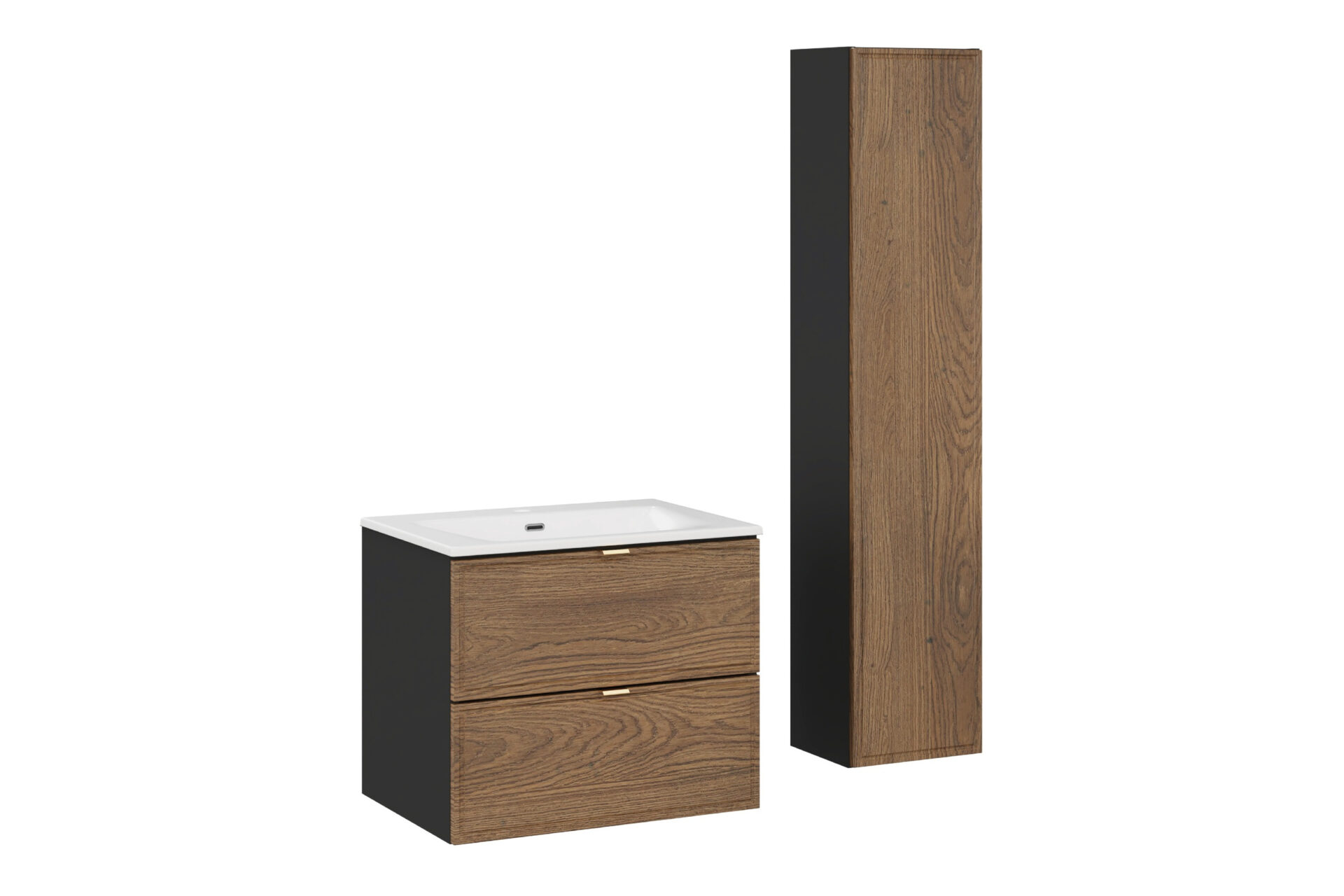 Spintelės komplektas su praustuvu baldams 60 cm ir aukšto juosmens „Casella“ kolona, ​​matinės juodos spalvos