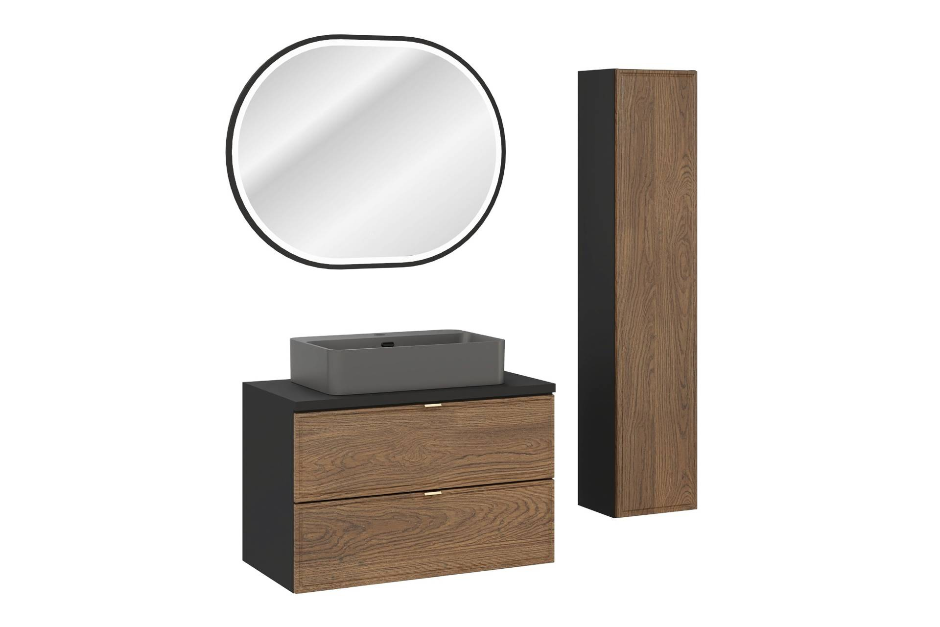 Spintelės su praustuvu ir stalviršiu, taip pat aukštos kolonos ir LED veidrodžio komplektas (autorė Talia Casella)