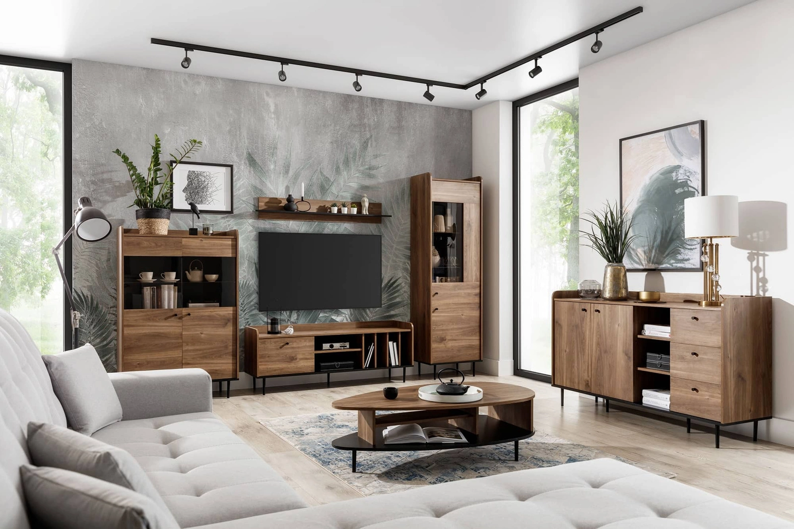 Apallo baldų komplektas iš brandy ąžuolo „Castello“, modernus dizainas, tvirtos dalys ant metalinių kojelių, svetainės spintelė, aukšti stalviršio kraštai