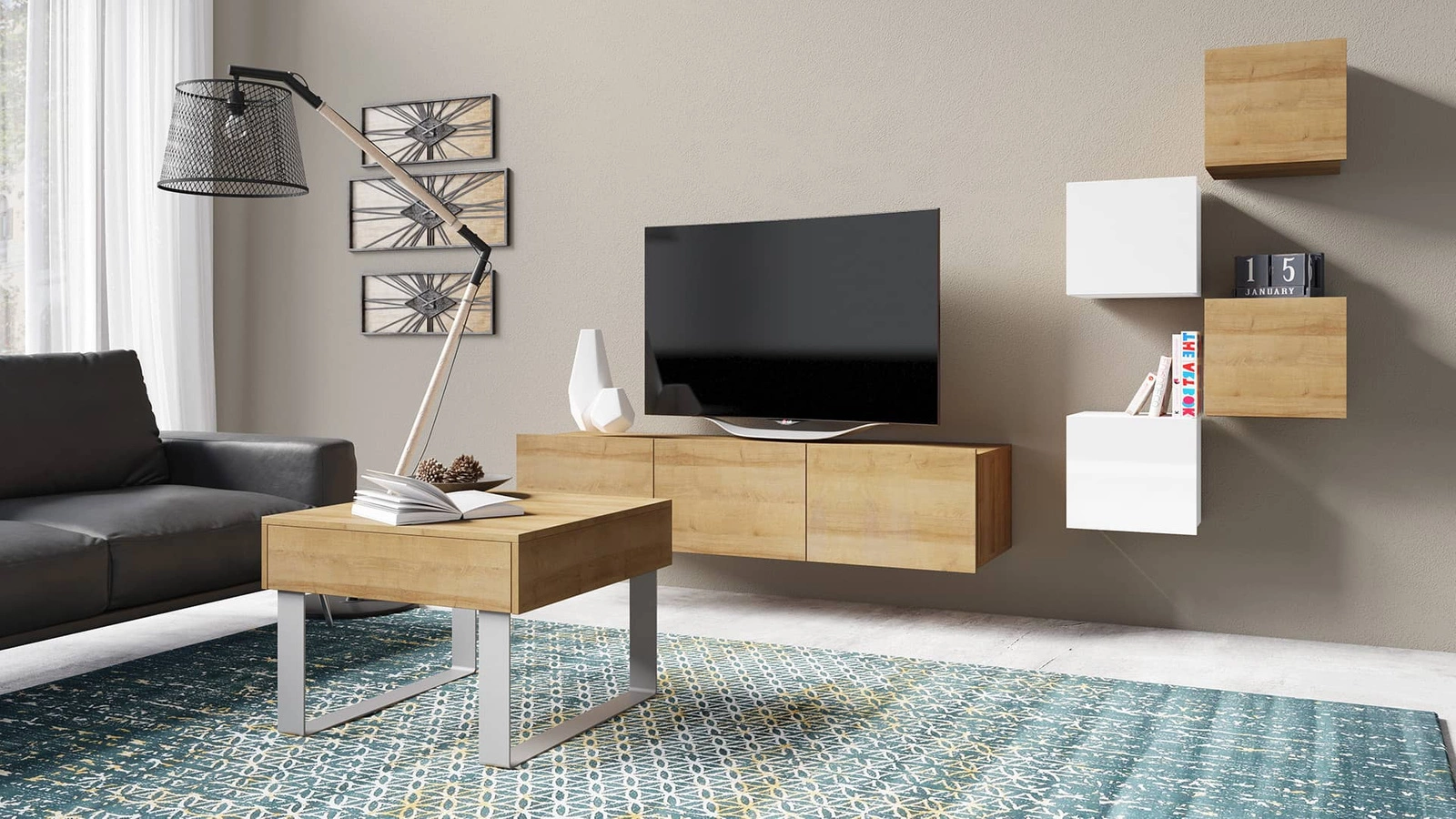 Balto / auksinio ąžuolo baldų komplektas „Apulia XXI“, išskirtinai stilinga sieninė spintelė svetainei, paprastų formų, tinkančių bet kokiam interjerui