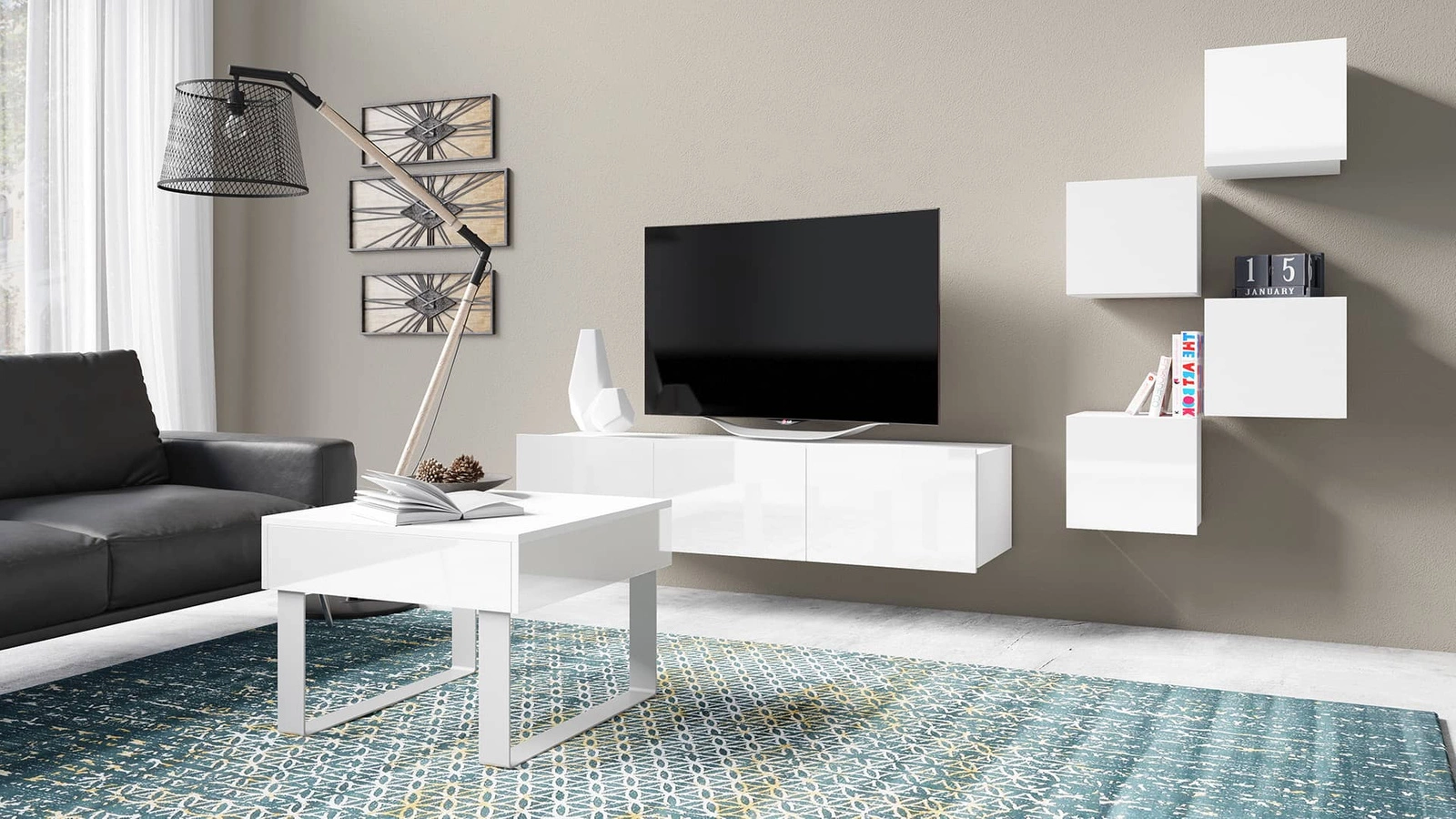 Baltai blizgantis „Apulia XXI“ baldų komplektas – išskirtinai stilinga sieninė spintelė svetainei, paprastų formų, tinkanti bet kokiam interjerui