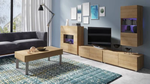 Apulijos XXII auksinio ąžuolo baldų komplektas, išskirtinai stilinga sieninė spintelė svetainei, paprastų formų, tinkančių bet kokiam interjerui