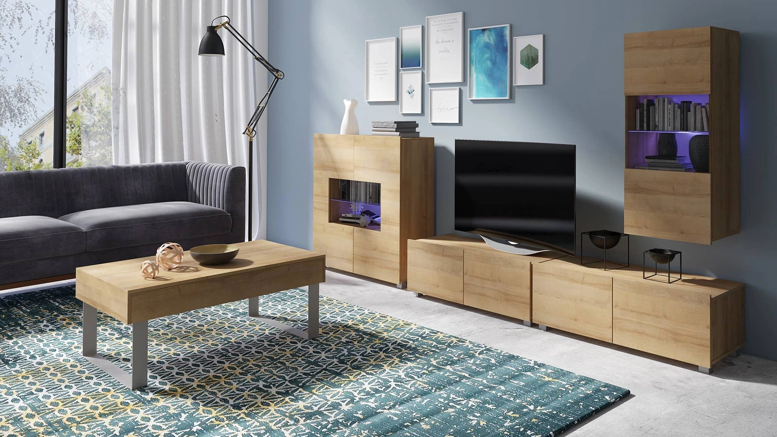 Apulijos XXII auksinio ąžuolo baldų komplektas, išskirtinai stilinga sieninė spintelė svetainei, paprastų formų, tinkančių bet kokiam interjerui