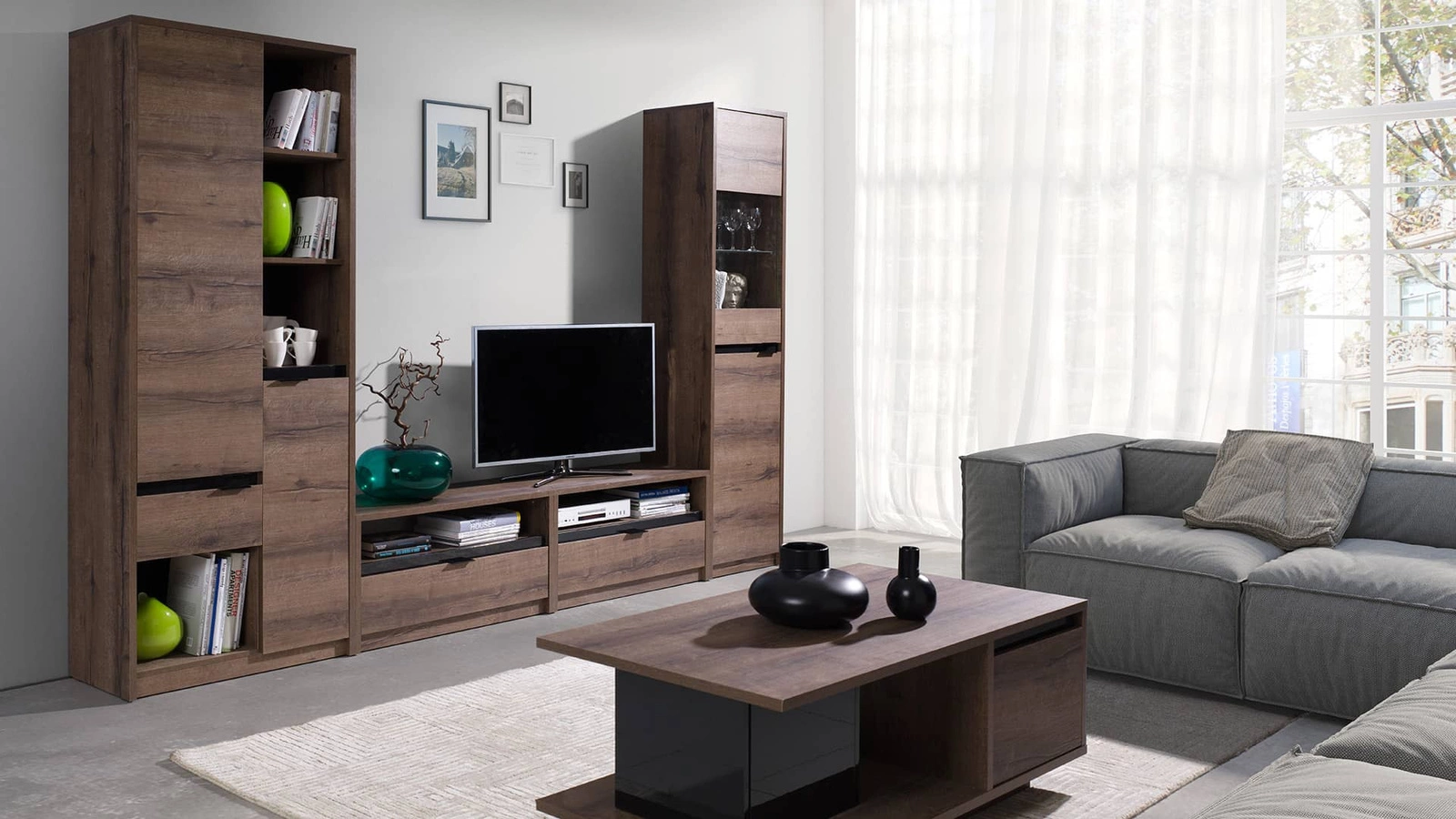 Denverio vienuolyno ąžuolo / blizgios juodos spalvos baldų komplektas, paprastos formos, modernus, tobulas svetainės baldas, patvarios metalinės rankenos