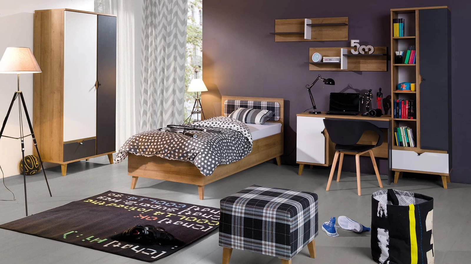 „Memone“ baldų komplektas, auksinio ąžuolo / baltos / grafito spalvos, modernaus dizaino, stilingas skandinaviško stiliaus vaikų kambario baldų komplektas