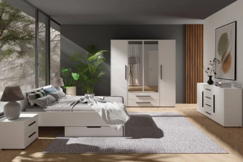 „Maxione“ baltas miegamojo baldų komplektas, elegantiški ir universalūs miegamojo baldai, skoningi juodi rankenos, aukštos kokybės gamyba