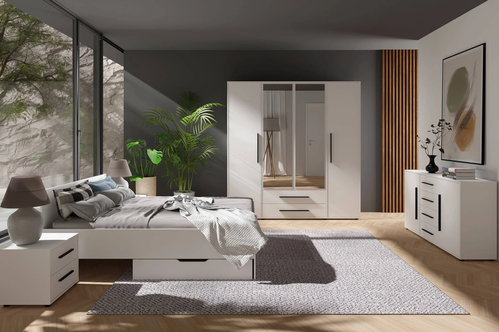 „Maxione“ baltas miegamojo baldų komplektas, elegantiški ir universalūs miegamojo baldai, skoningi juodi rankenos, aukštos kokybės gamyba