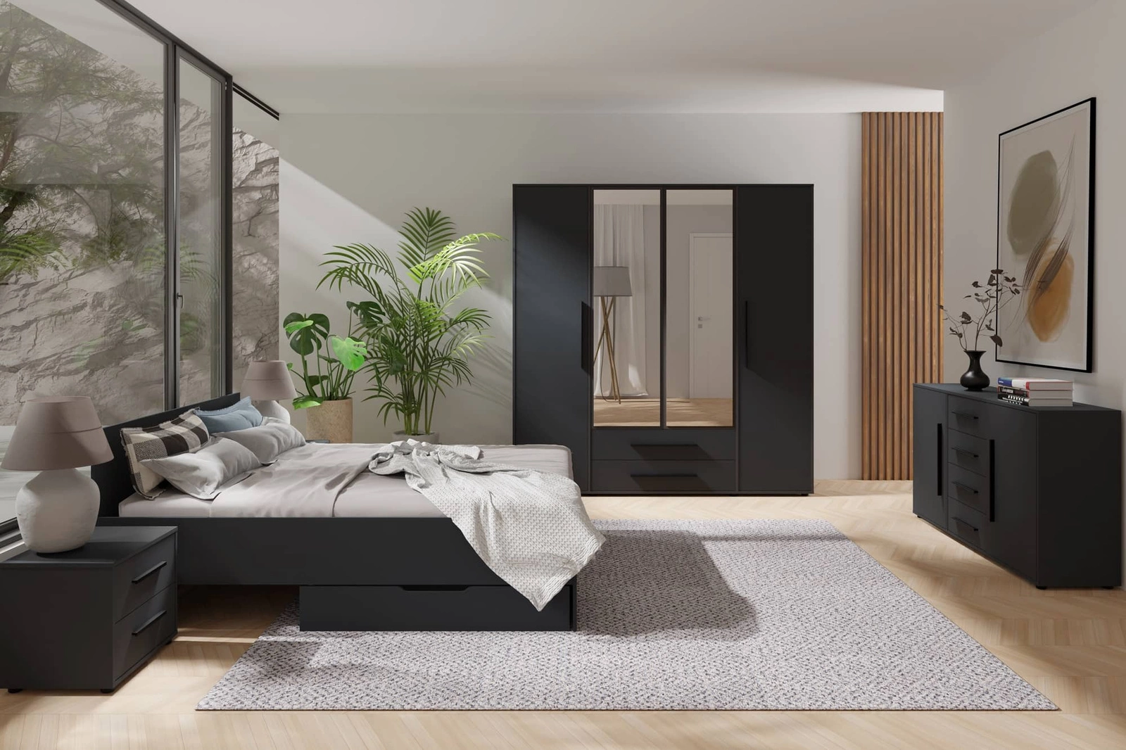 „Maxione“ juodas miegamojo baldų komplektas, elegantiški ir universalūs miegamojo baldai, skoningi juodi rankenos, aukštos kokybės gamyba