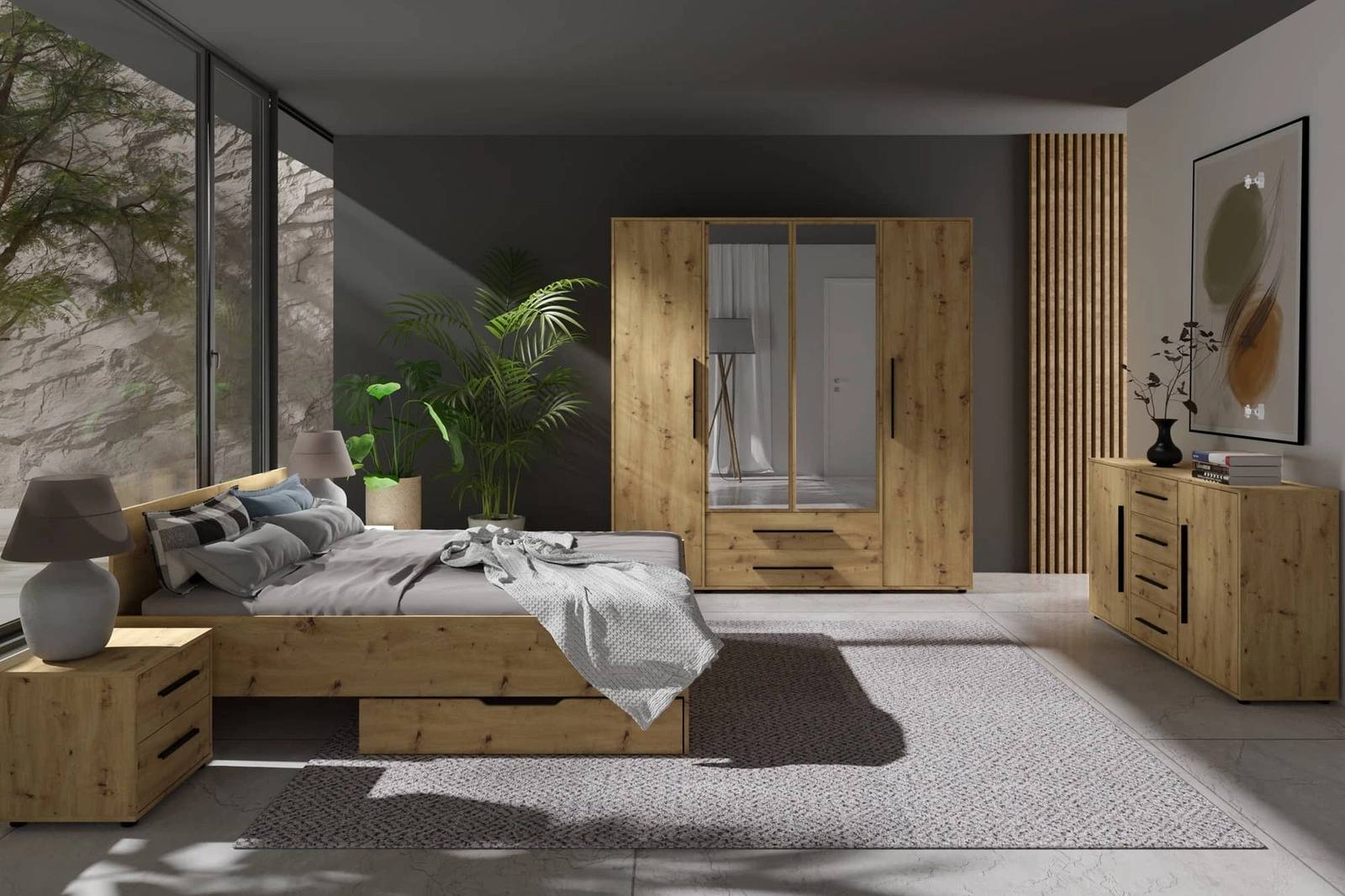 „Maxione“ ąžuolinis rankų darbo miegamojo baldų komplektas, elegantiški ir universalūs miegamojo baldai, skoningos rankenos, aukštos kokybės gamyba