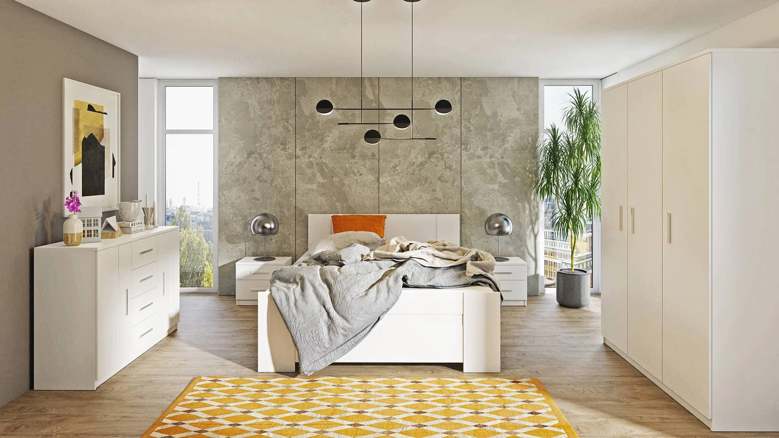 Rico baltas miegamojo baldų komplektas, nesenstančio dizaino, miegamojo baldų komplektas pagamintas iš aukštos kokybės laminuotos plokštės