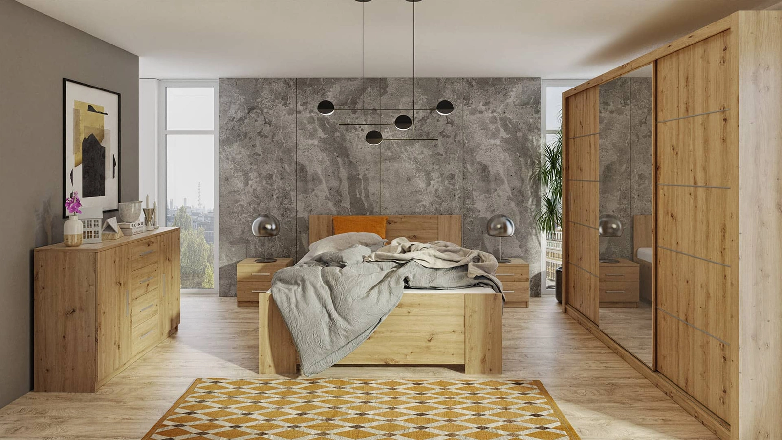 Rico miegamojo baldų komplektas, meniško ąžuolo spalvos, nesenstantis dizainas, erdvi stumdoma spinta su veidrodžiu