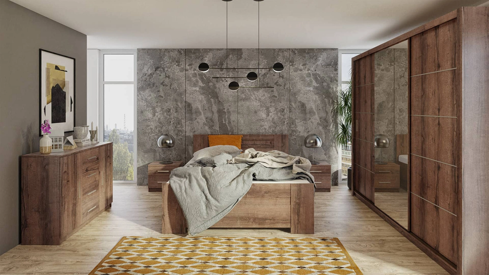 Riko ąžuolo vienuolyno miegamojo baldų komplektas nesenstančio dizaino miegamojo baldų komplektas erdvi stumdoma spinta su veidrodžiu