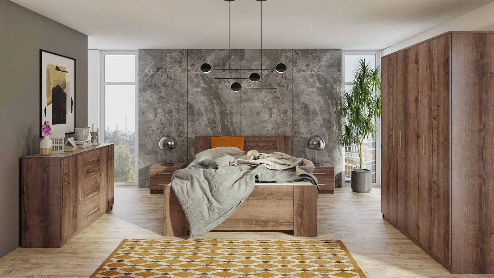 Riko ąžuolo vienuolyno miegamojo baldų komplektas, nesenstantis dizainas, miegamojo baldų komplektas pagamintas iš aukštos kokybės laminuotos plokštės