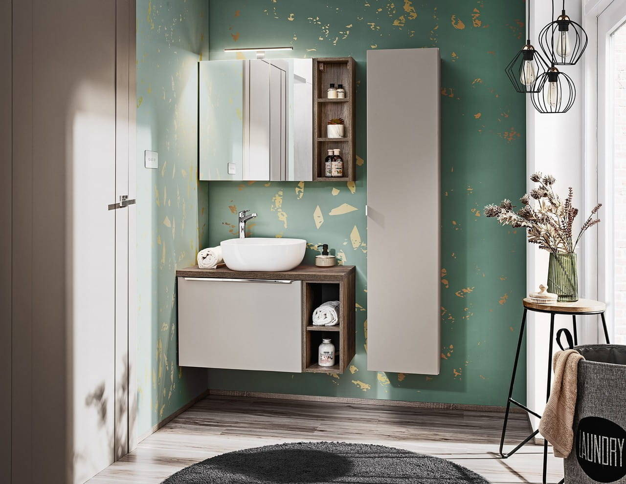 „Santa Fe Taupe III“ pilkos spalvos vonios kambario baldų komplektas