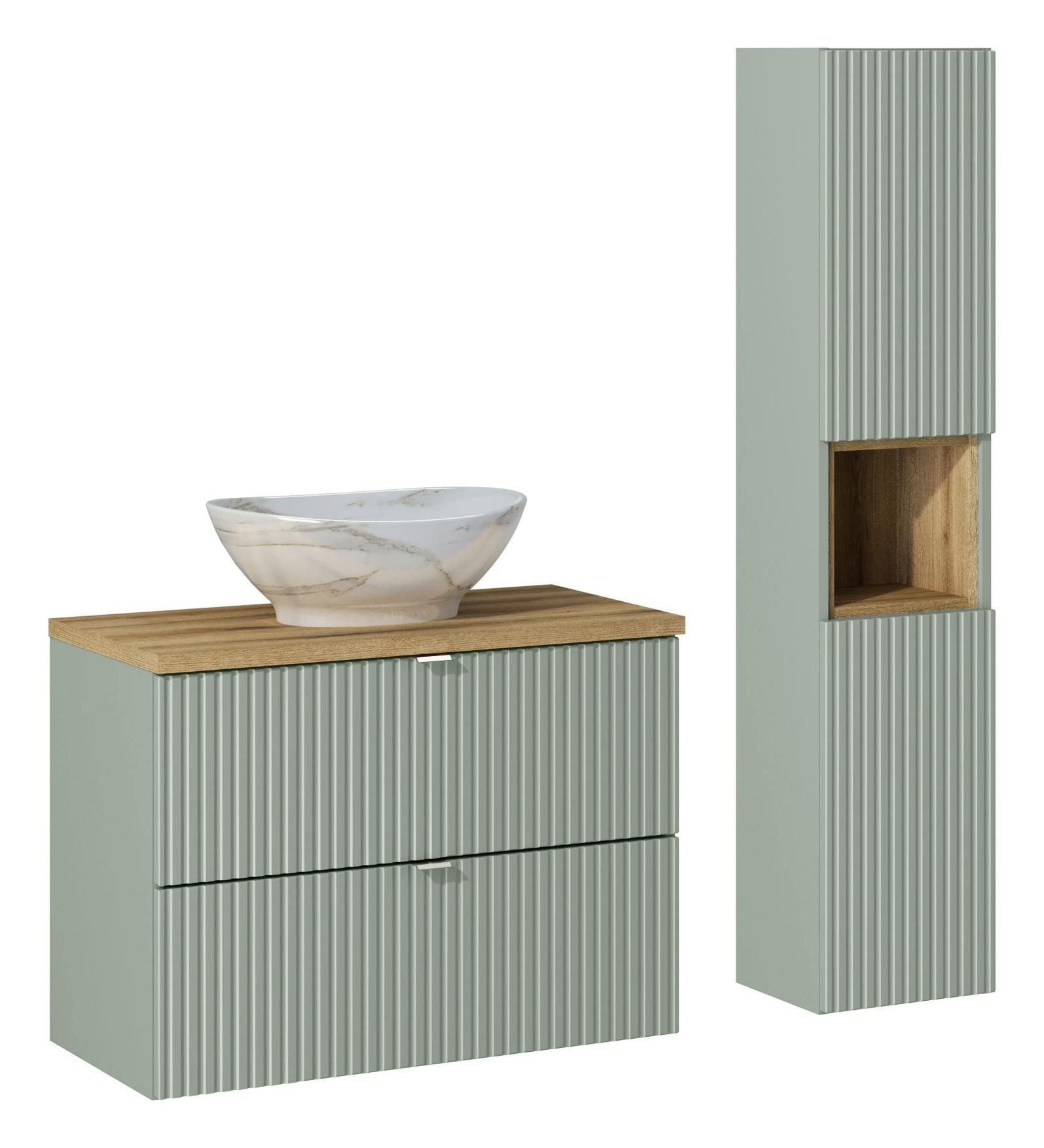 Komplektas su ąžuoliniu stalviršiu ir „Pati 80 cm Line Reed Green“ praustuvu