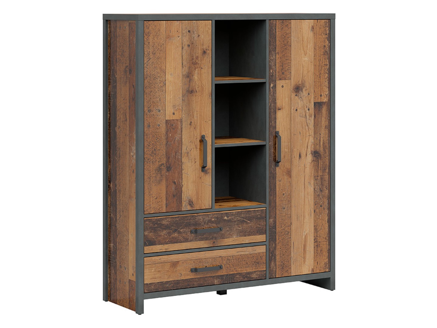 WESTON dvidurė knygų lentyna su dviem stalčiais, 120 cm, senovinio stiliaus, tamsi pušis/čiužinys