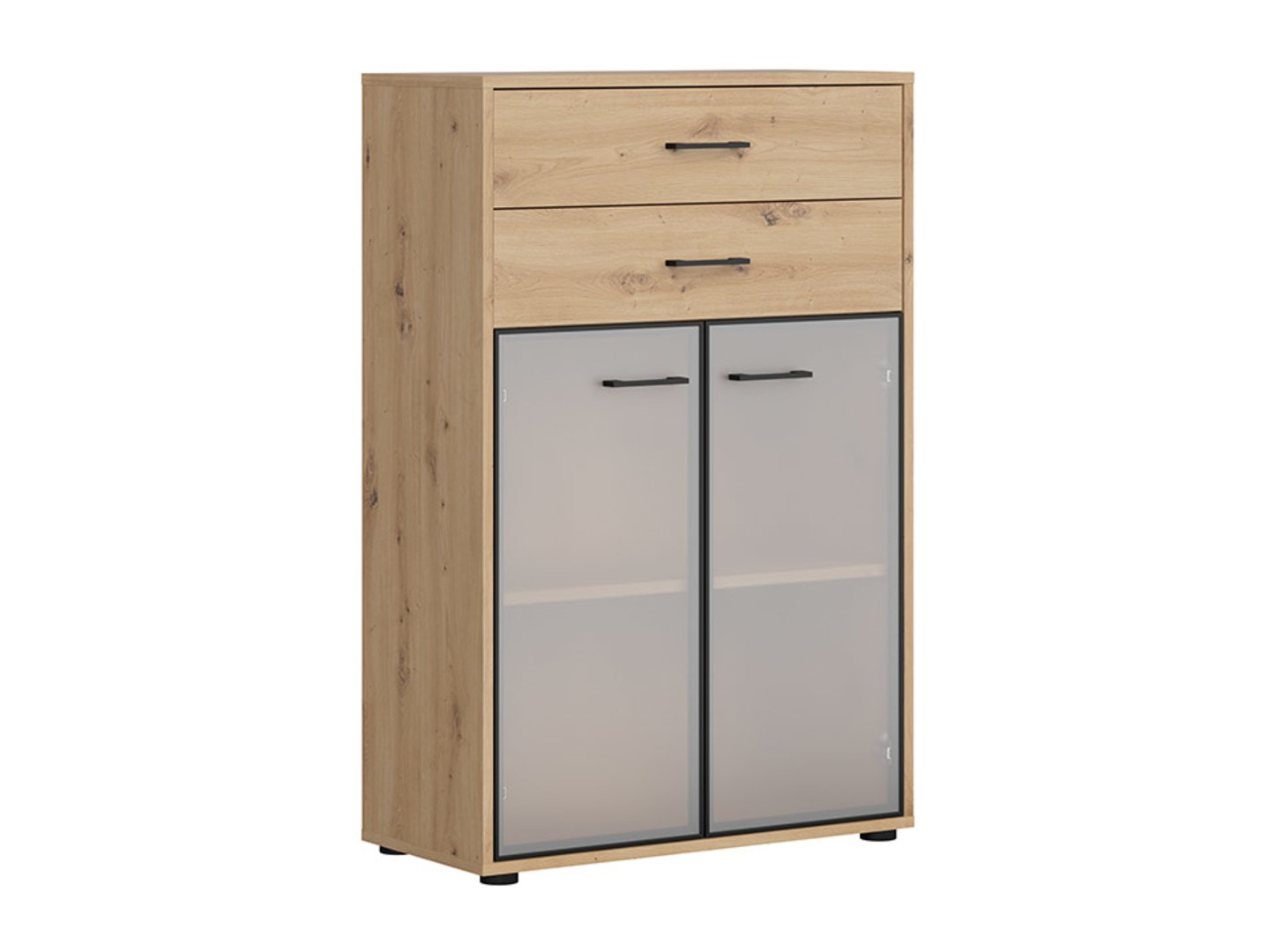 SPACE OFFICE žema knygų lentyna su stiklinėmis durelėmis ir dviem stalčiais, 80 cm, dirbtinio ąžuolo spalvos/matinės juodos spalvos