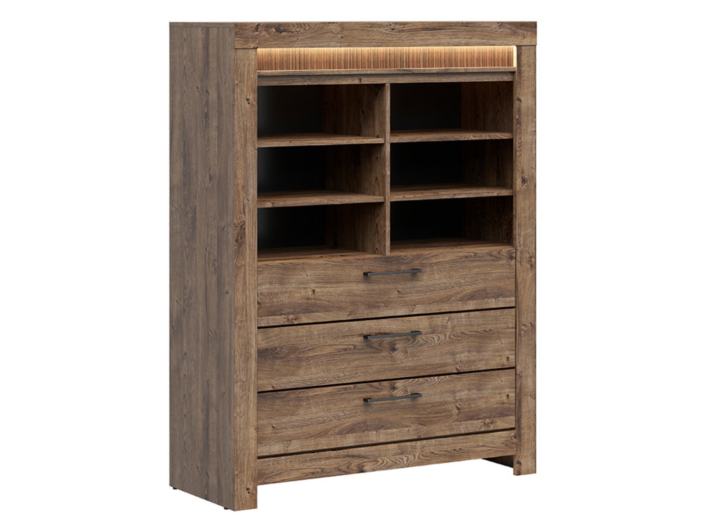 TORIN knygų lentyna su trimis stalčiais, 114 cm, ąžuolo rudos spalvos, briaunotas raštas