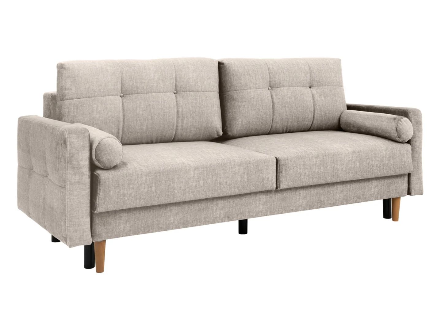 Torent trijų vietų sofa ant kojų, sulankstoma su daiktadėže, smėlio spalvos aksomas