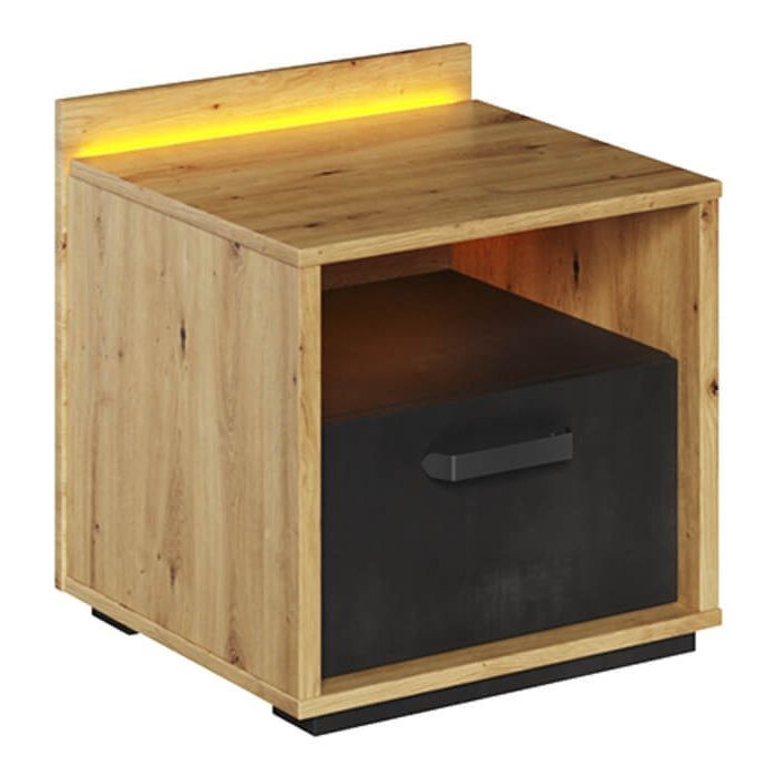 QUBIC QB-10 naktinis staliukas | Artisan ąžuolas, šilkinis fluoras, neapdorotas plienas