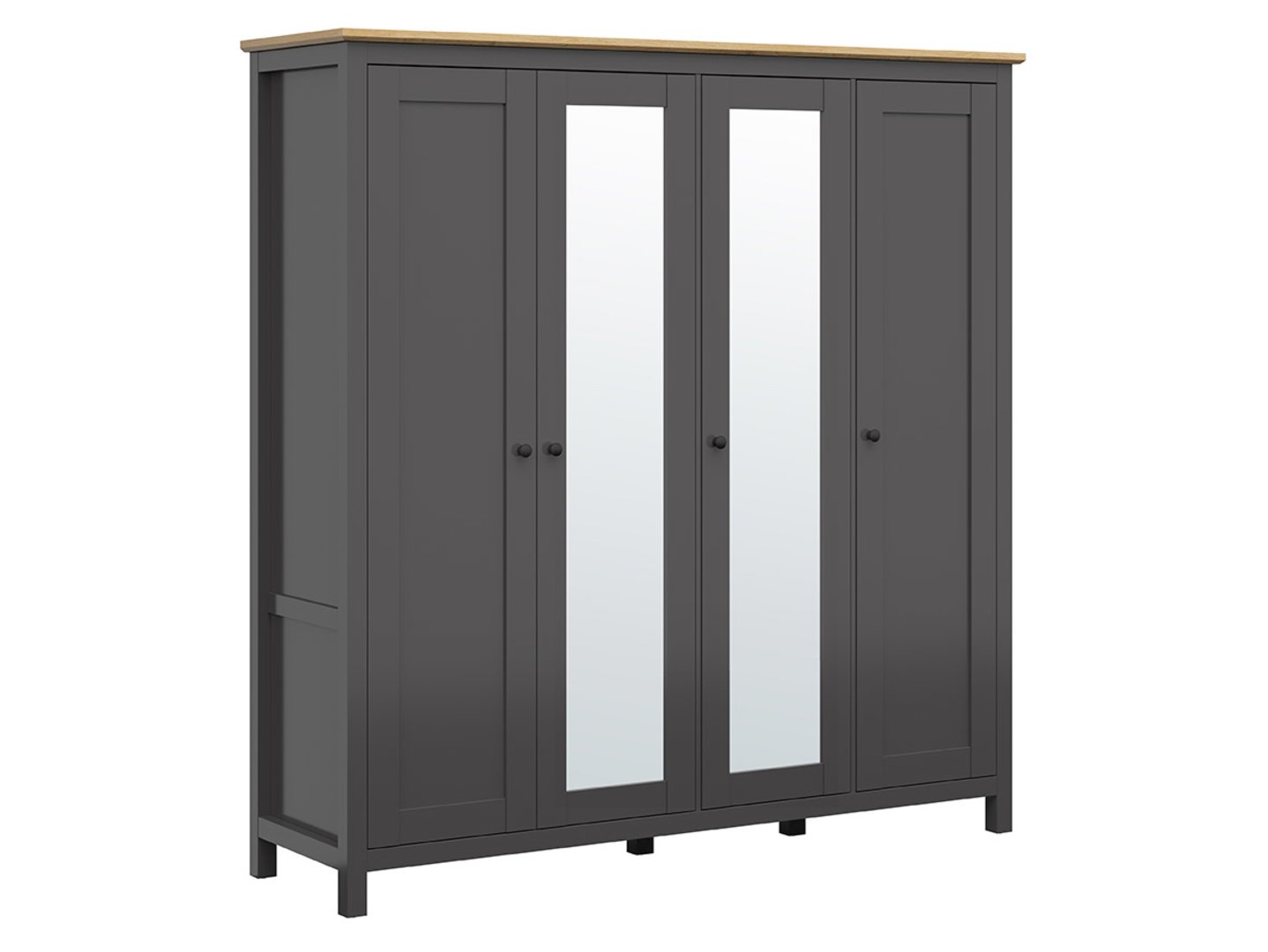 HESEN keturių durų spinta su dviem veidrodžiais ir trimis vidiniais stalčiais, 197 cm grafito spalvos/dirbtinio ąžuolo spalvos