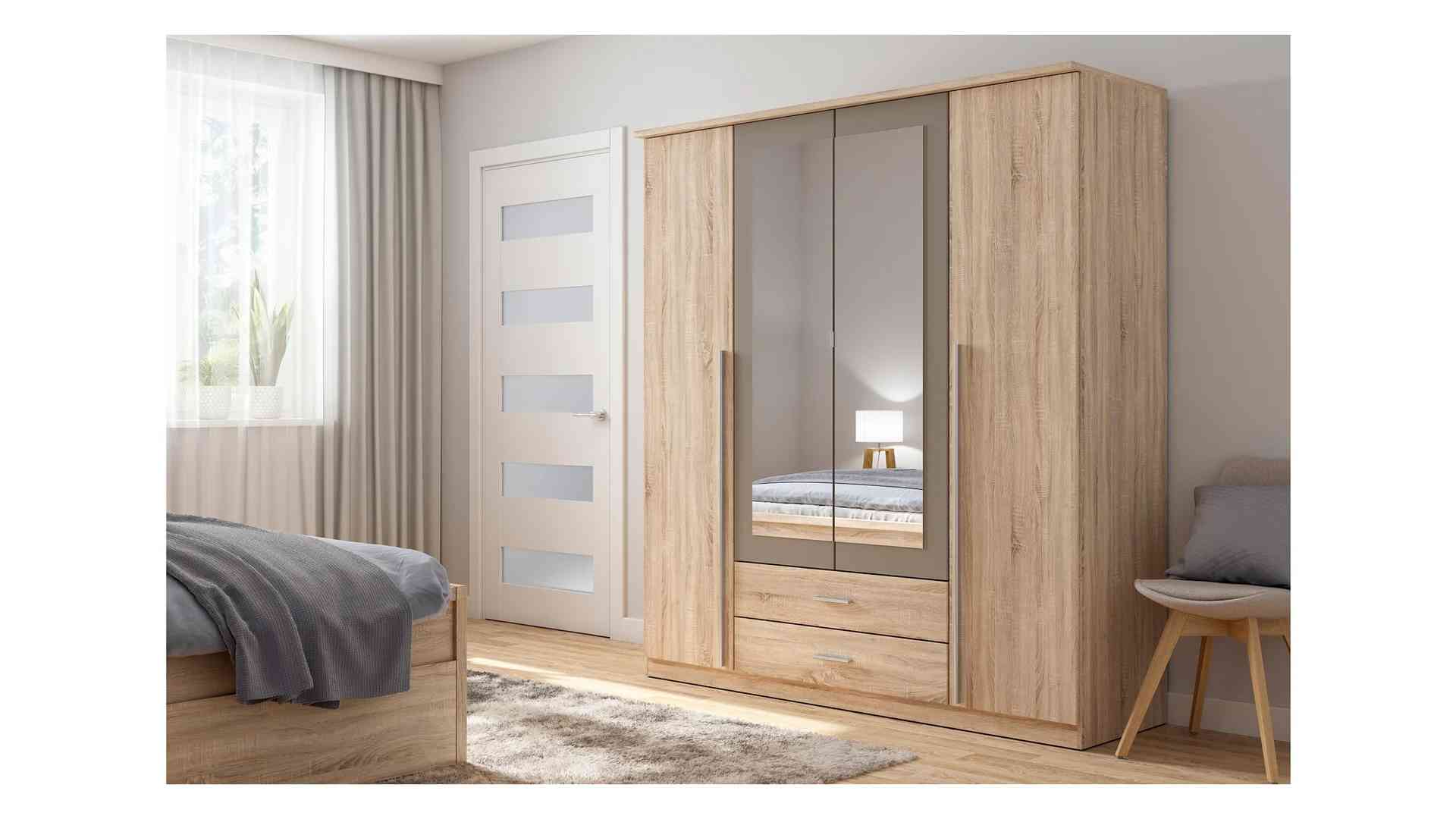 Keturių durų spinta su veidrodžiais ir dviem stalčiais KREDO Sonoma ąžuolas/pilka