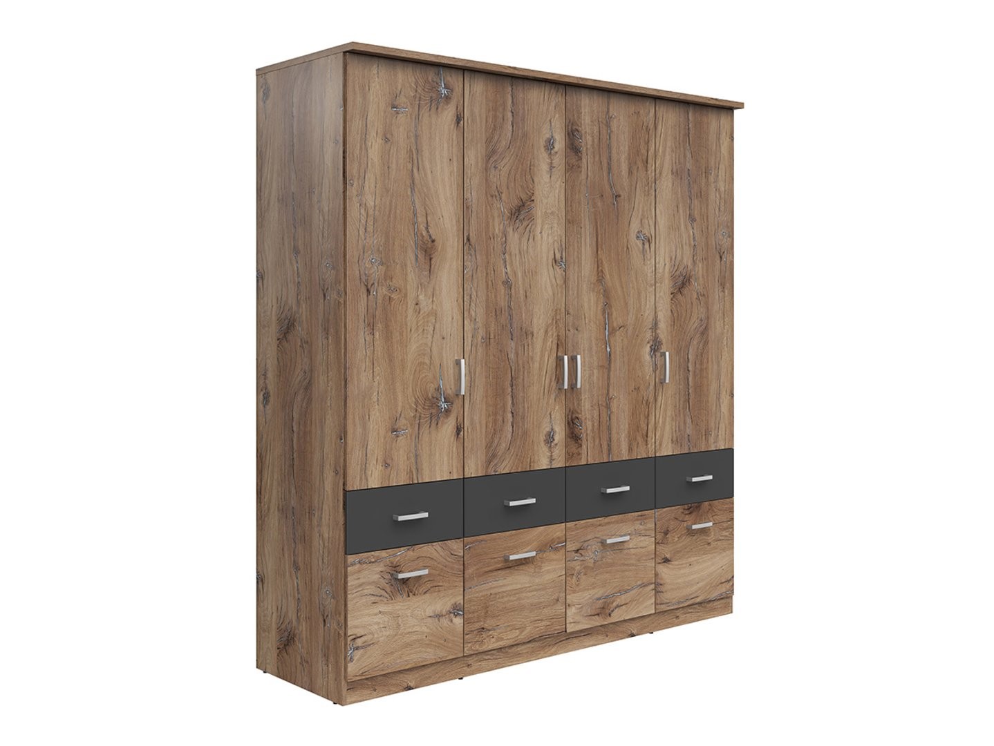 Keturių durų spinta su aštuoniais stalčiais BRANDO 4, dirbtinio ąžuolo/tekstilės/baltos spalvos